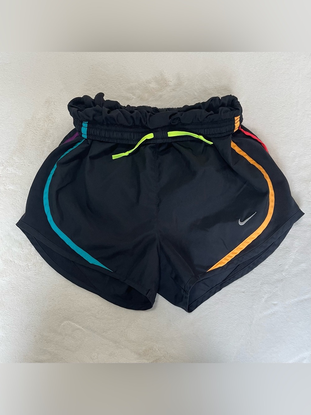 Nike Women XS Black Tempo Running Shorts Multicolor Rainbow Neon Grid Mesh Trim